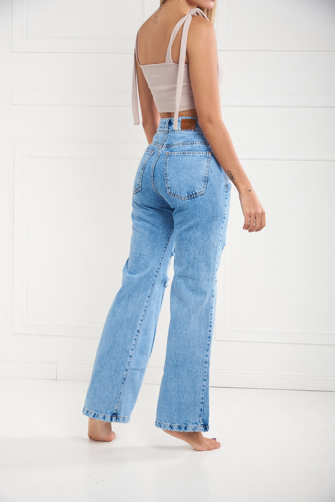 Jeans Azules Roto Tiro Alto 100% Algodón